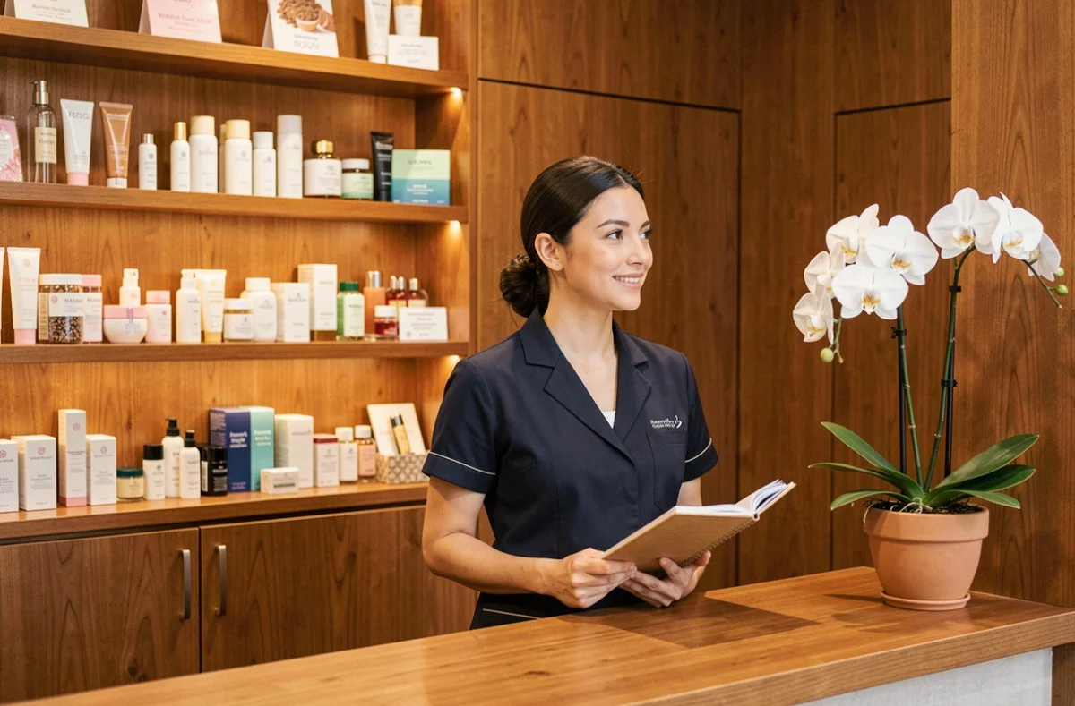 Accueil chaleureux de l'institut Sapana à Annecy-le-Vieux avec produits de beauté en vitrine