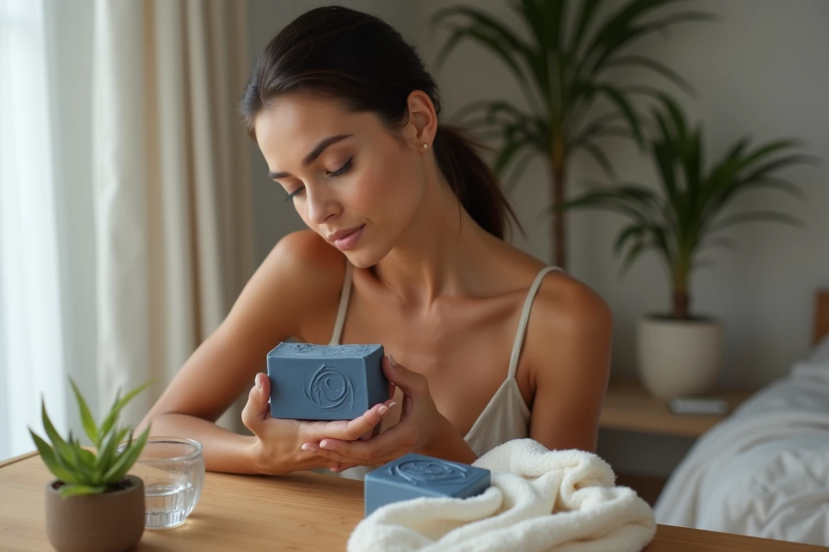 Jeune femme tenant un savon Nila bleu artisanal près de son visage à une coiffeuse en bois minimaliste