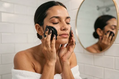 Femme appliquant du savon noir sur le visage dans une salle de bain moderne, routine soin d'été