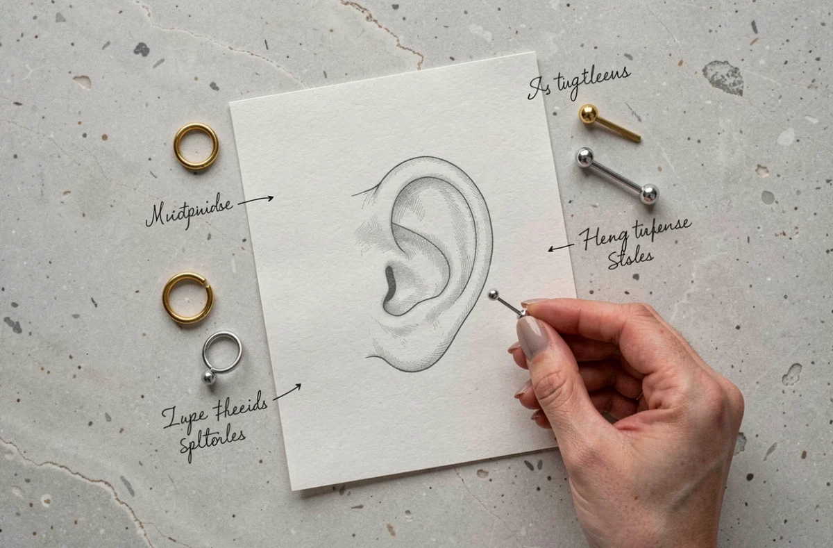 Schéma anatomique de l'oreille avec correspondance des noms de piercings et vrais bijoux disposés sur pierre, vue de dessus editoriale