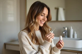 Femme appliquant un serum capillaire dans une salle de bain moderne