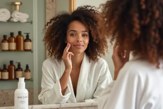 Femme aux cheveux bouclés appliquant un soin Olaplex No.3 devant son miroir de salle de bain