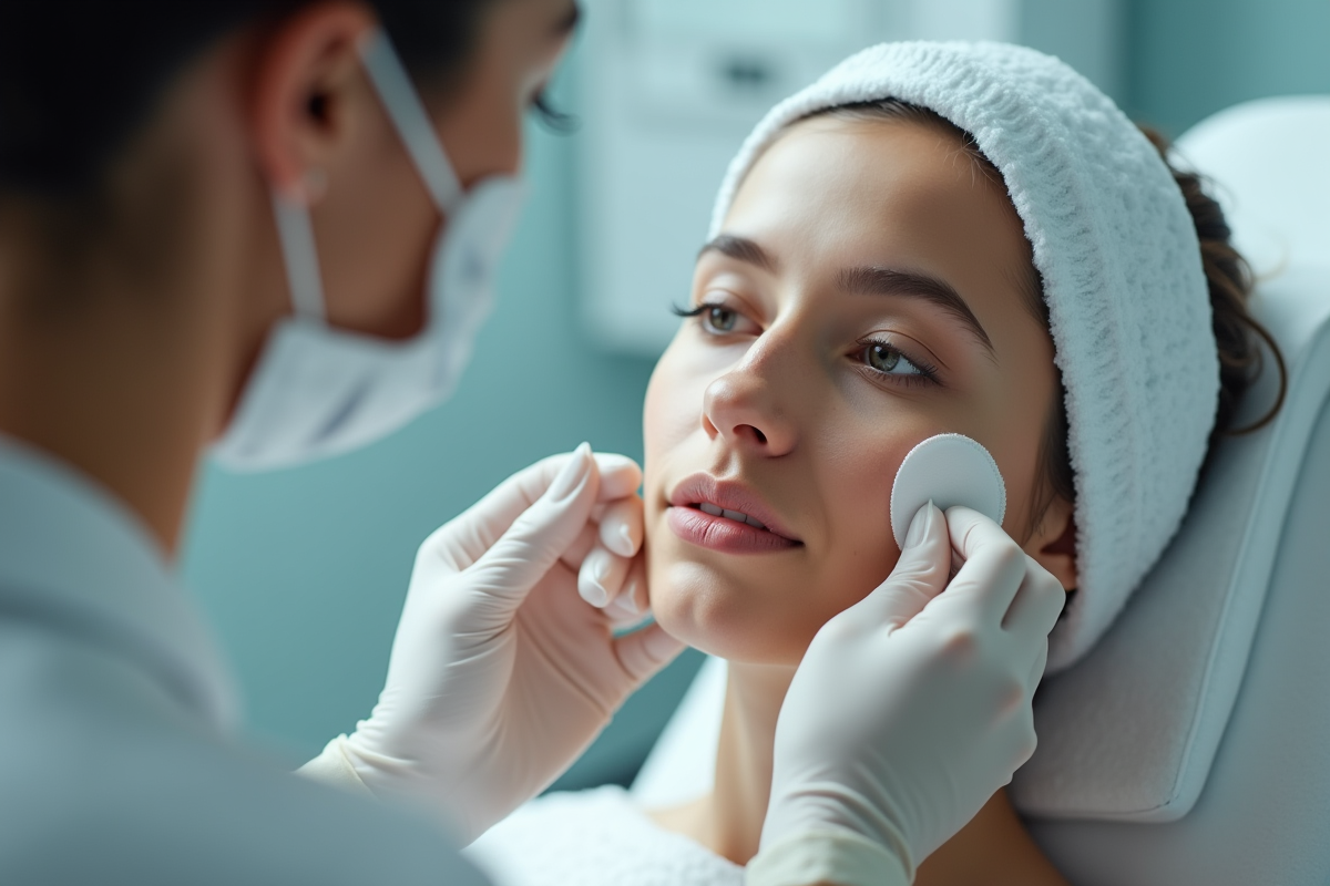 Esthéticienne en clinique utilisant un coton sur la joue d