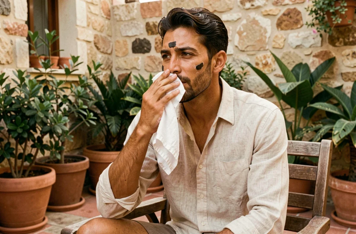 Homme essuyant son visage avec un linge après soin au savon noir en terrasse extérieure en été