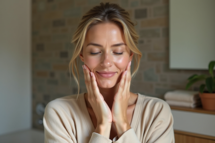 Femme d'âge moyen se massant le visage dans une salle de bain chaleureuse