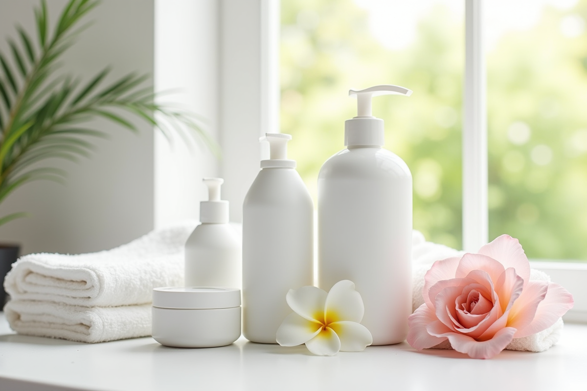 Set de produits de soin et fleurs sur comptoir lumineux
