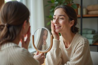 Femme regardant dans un miroir avec soin visage naturel