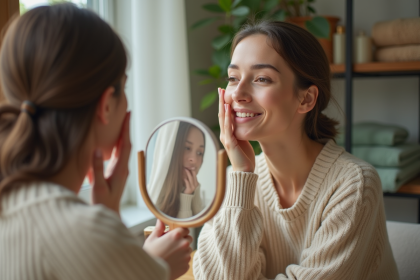 Femme regardant dans un miroir avec soin visage naturel