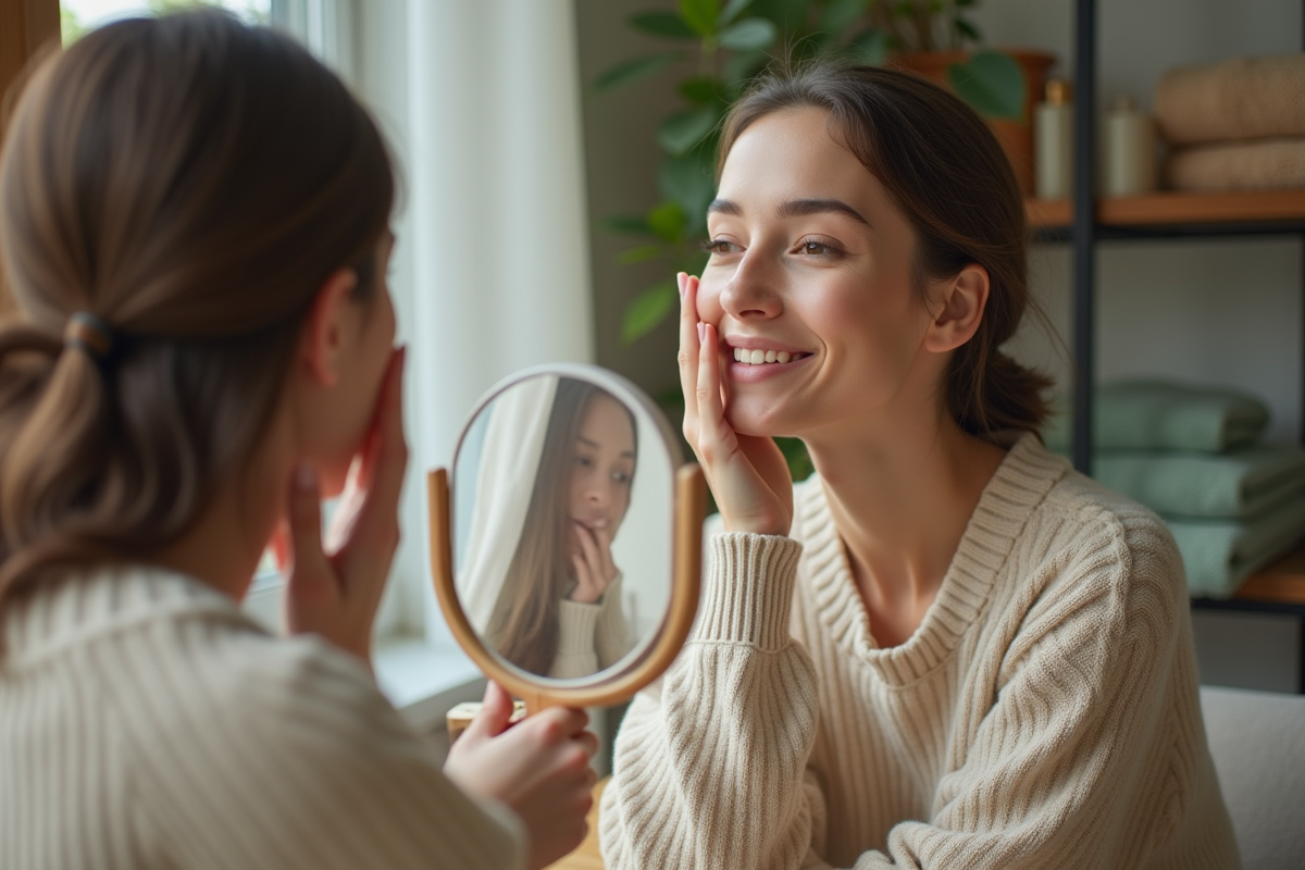 Femme regardant dans un miroir avec soin visage naturel