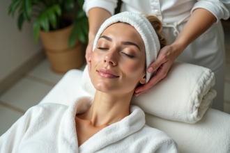 Femme détendue recevant un soin visage dans un spa