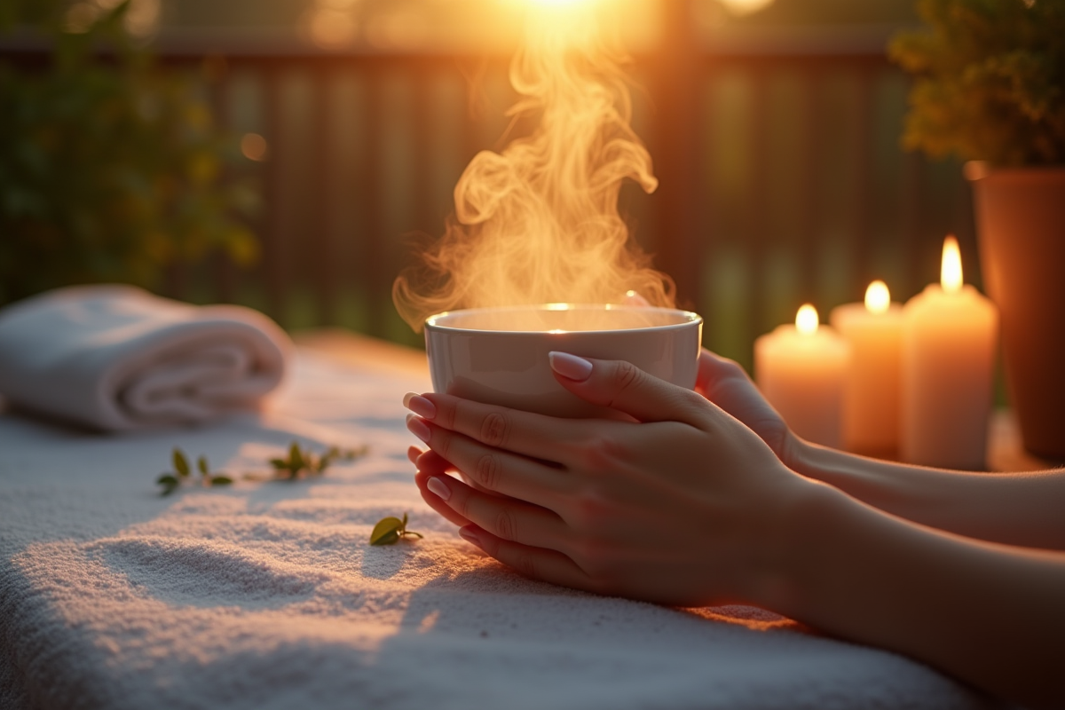 Soirée spa avec mains tenant une tasse de tisane et bougies parfumées