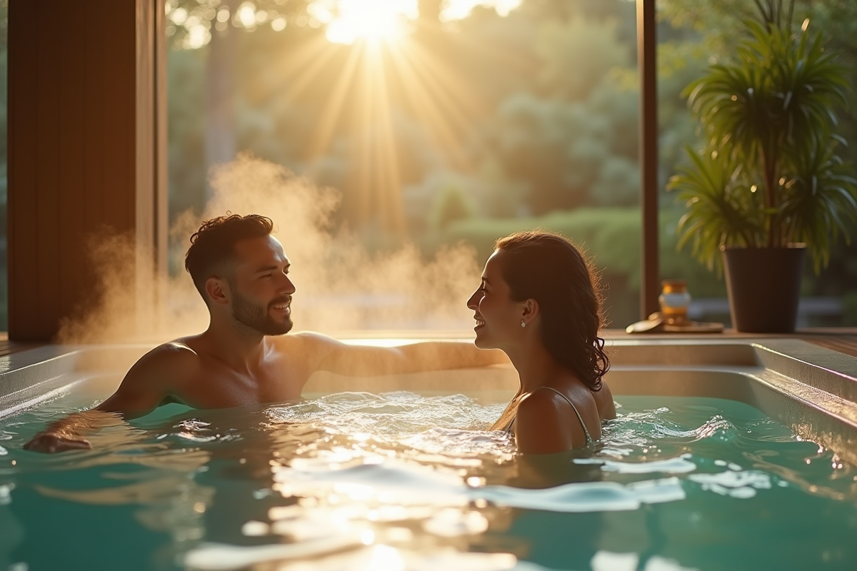 Intérieur moderne avec jacuzzi et couple apaisant dans le spa