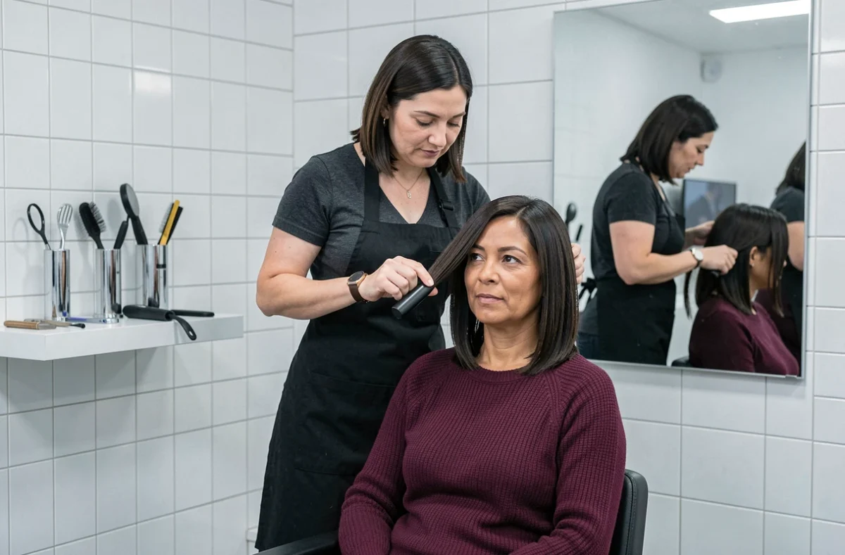 Styliste proposant une perruque bob lisse à une cliente en salon de coiffure pour déterminer la coupe idéale selon la morphologie du visage