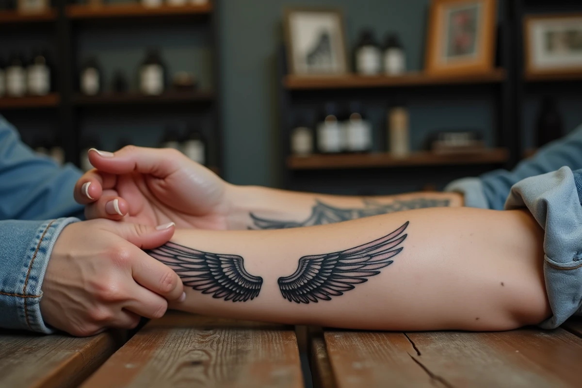 Tatouages d'ailes d'ange assortis sur les avant-bras d'un couple posés côte à côte