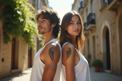 Couple dos à dos révélant des tatouages d'ailes d'ange complémentaires sur les omoplates