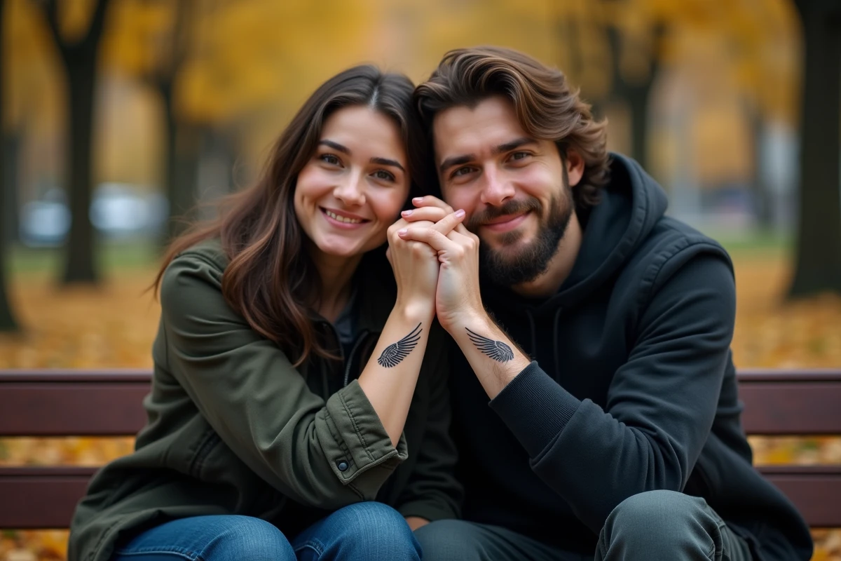 Couple montrant leurs tatouages d'ailes d'ange complémentaires sur les poignets dans un parc en automne