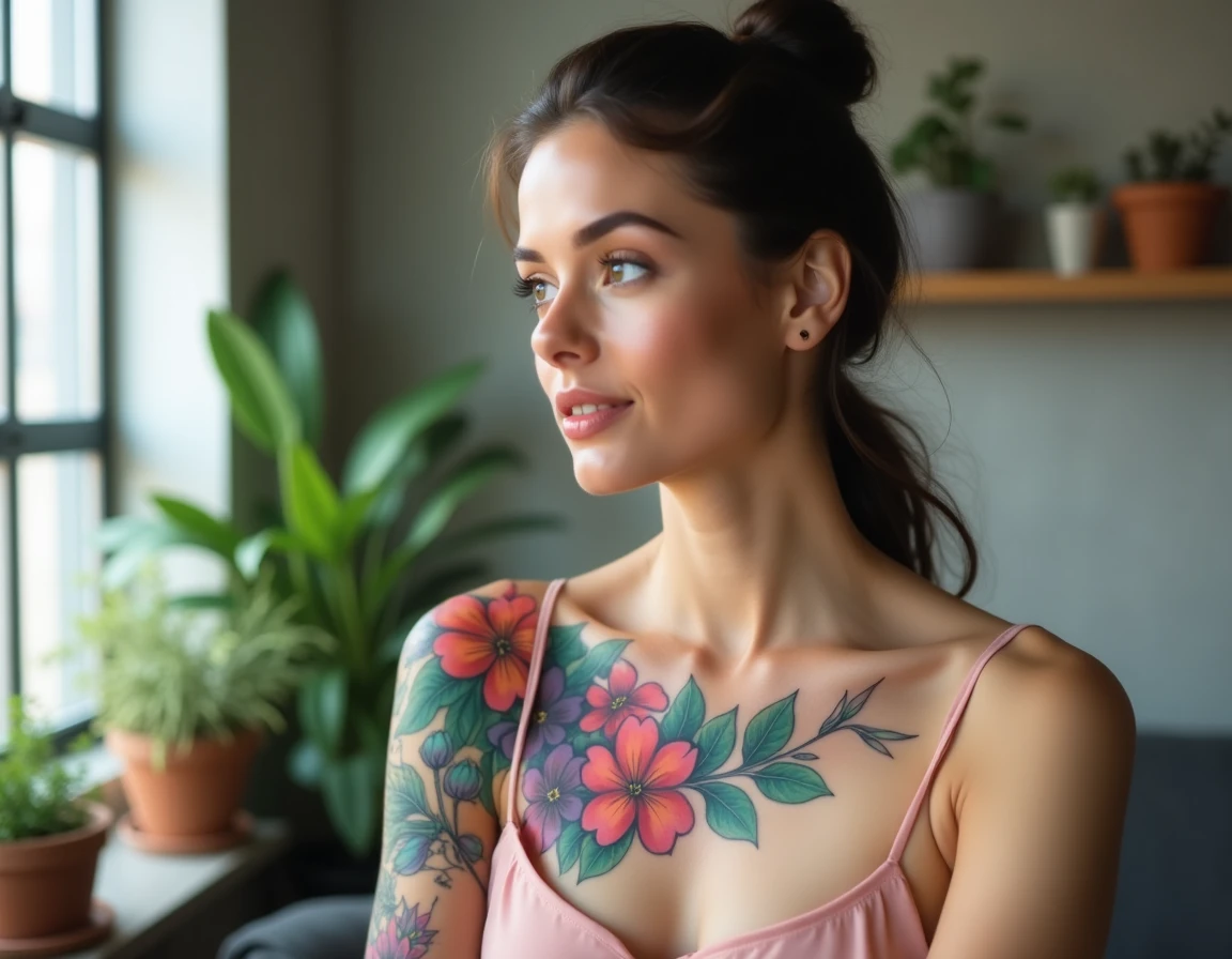 Tatouage color&eacute; aquarelle &eacute;paule clavicule femme tons teal corail violet d&eacute;grad&eacute; style artistique