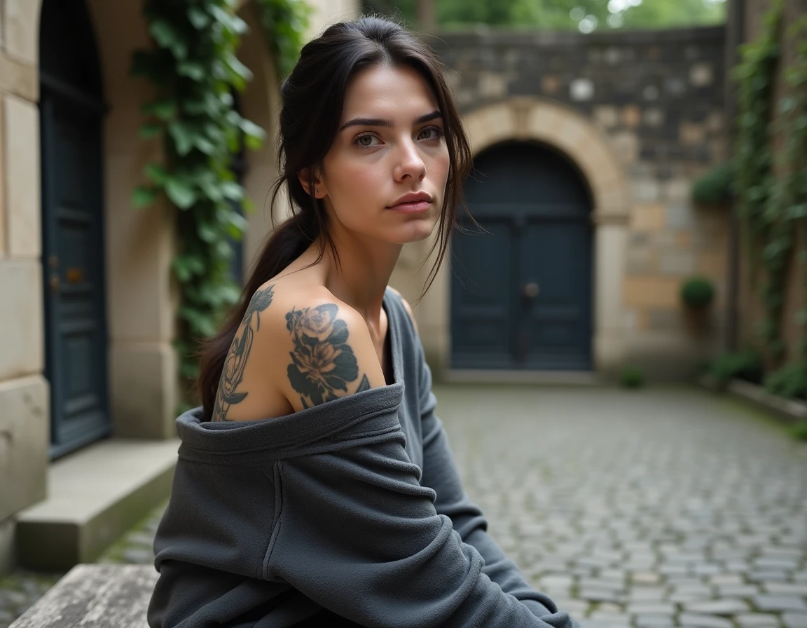 Tatouage d&eacute;grad&eacute; noir gris &eacute;paule clavicule femme assise cour pav&eacute;e atmosph&egrave;re parisienne