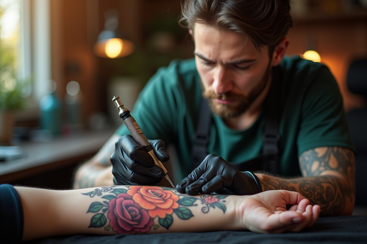 Tatoueur travaillant sur un tatouage floral coloré sur le bras