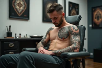 Homme tatoué assis dans un fauteuil de studio de tatouage avec un tatouage pectoral géométrique en encre noire, regardant son tatouage fraîchement réalisé