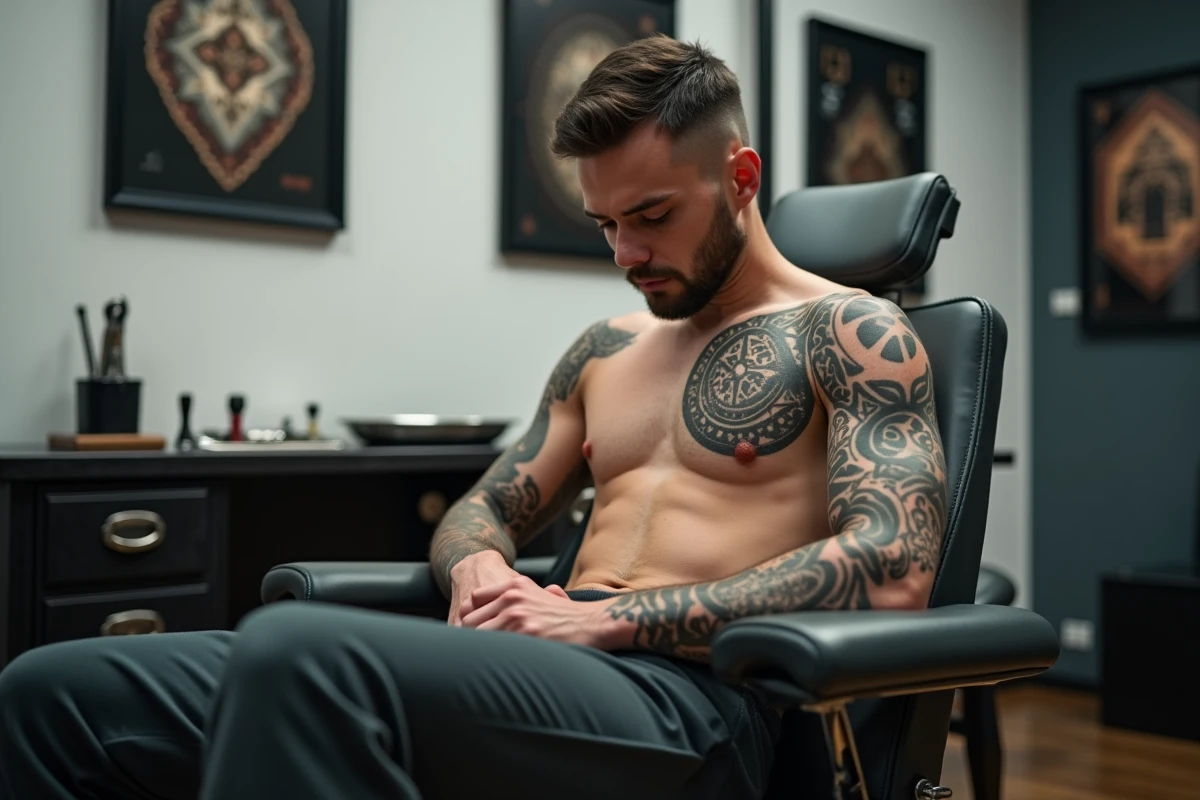 Homme tatoué assis dans un fauteuil de studio de tatouage avec un tatouage pectoral géométrique en encre noire, regardant son tatouage fraîchement réalisé