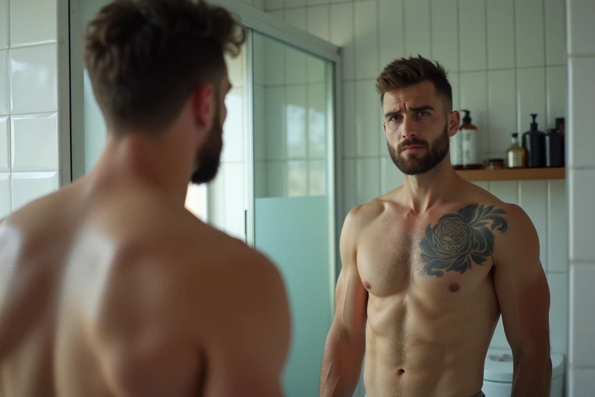 Jeune homme examinant son tatouage pectoral vieilli devant un miroir de salle de bain, illustration des erreurs courantes sur les tatouages pour débutants