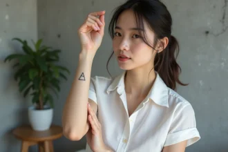 Femme montrant un tatouage trois triangles sur l'avant-bras intérieur dans un studio minimaliste