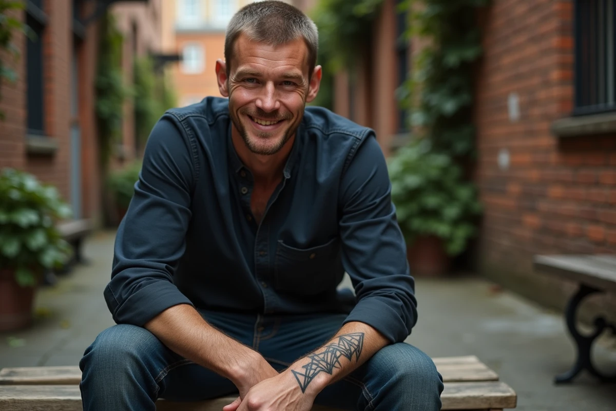 Homme assis avec un tatouage trois triangles géométriques sur la main dans une cour urbaine