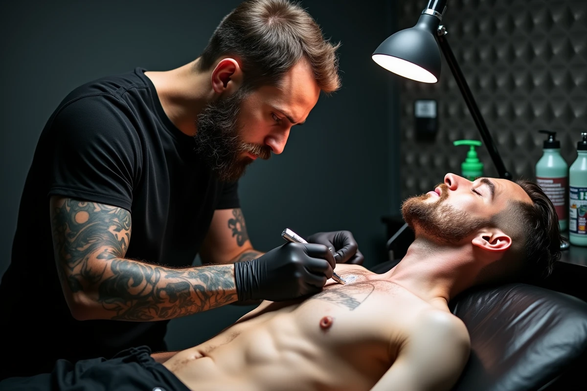 Tatoueur professionnel appliquant un pochoir sur le pectoral d'un client dans un studio de tatouage, démontrant la bonne technique pour éviter les erreurs de placement