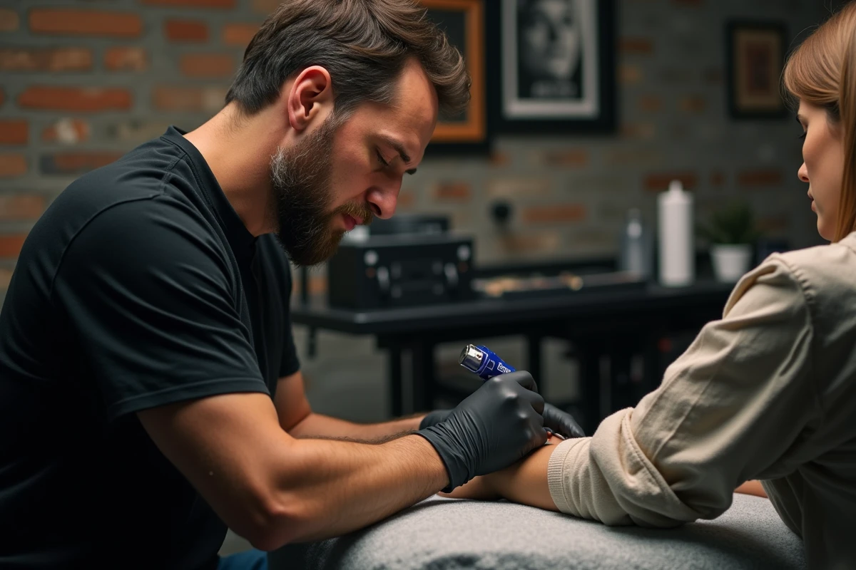 Tatoueur professionnel à Toulouse réalisant un cover-up de tatouage sur l'avant-bras d'une cliente dans un studio moderne