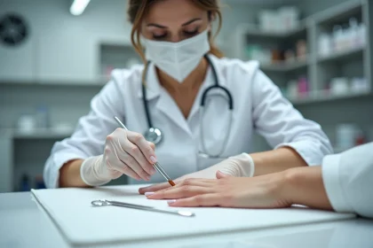 Technicienne en onglerie portant des gants nitrile et un masque appliquant un produit porcelaine sur les ongles d'une cliente dans un salon moderne