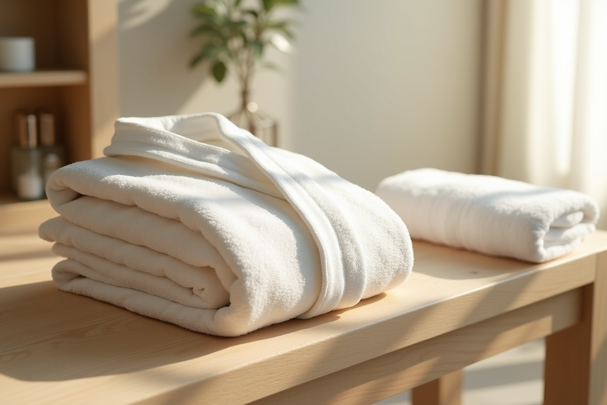 Tenue de massage pliée sur un banc en bois
