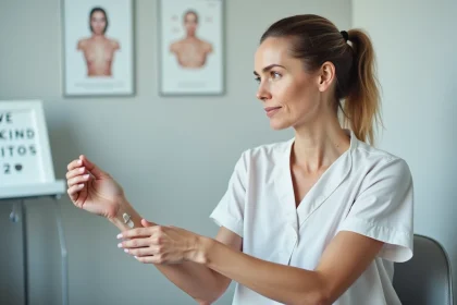 Femme examinant un test cutané sur son avant-bras chez un dermatologue pour vérifier une sensibilité à un produit cosmétique comme le Fermoter