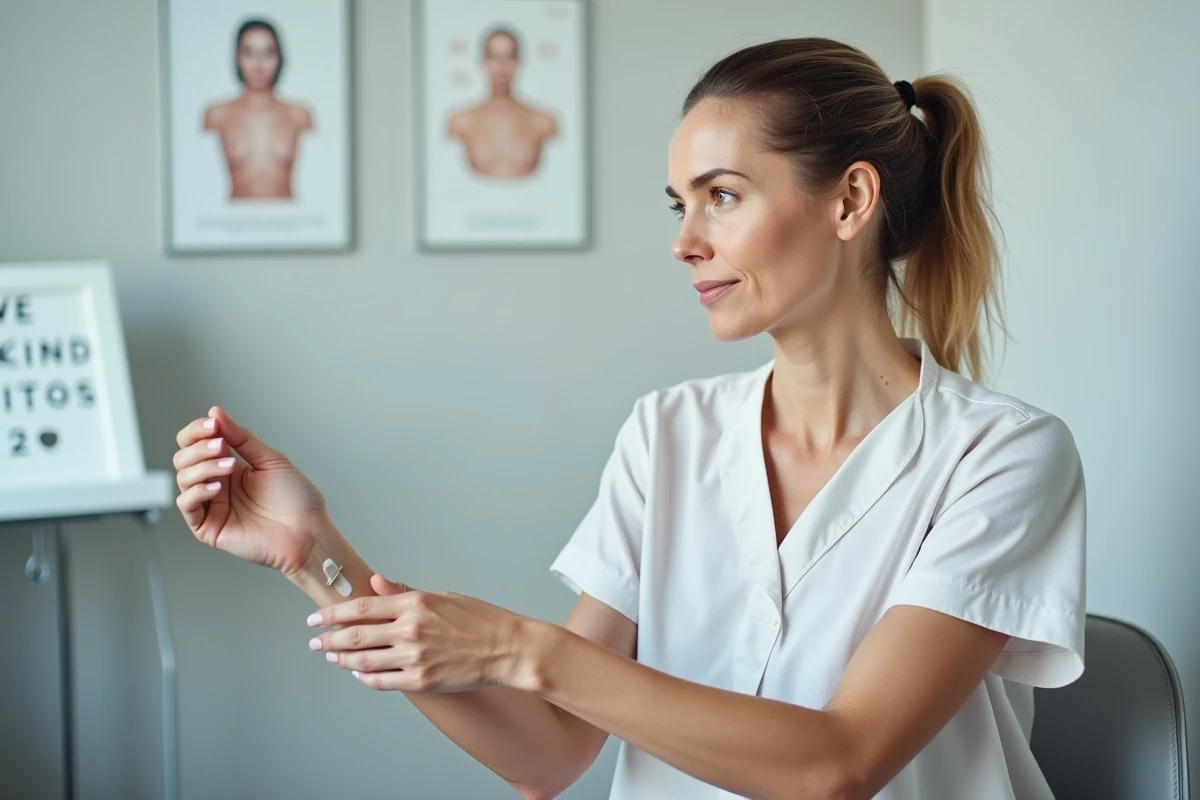 Femme examinant un test cutané sur son avant-bras chez un dermatologue pour vérifier une sensibilité à un produit cosmétique comme le Fermoter
