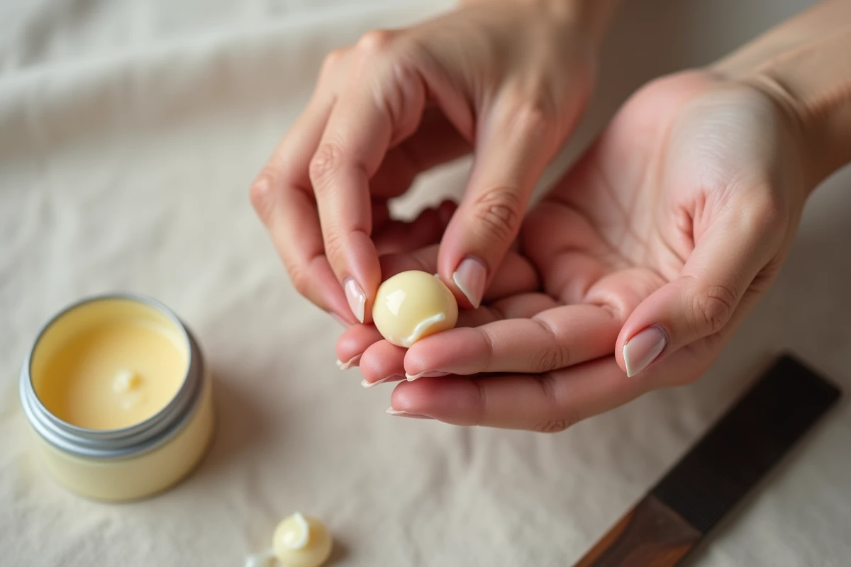 Gros plan sur les mains appliquant une cire mate cheveux avec texture visible du produit