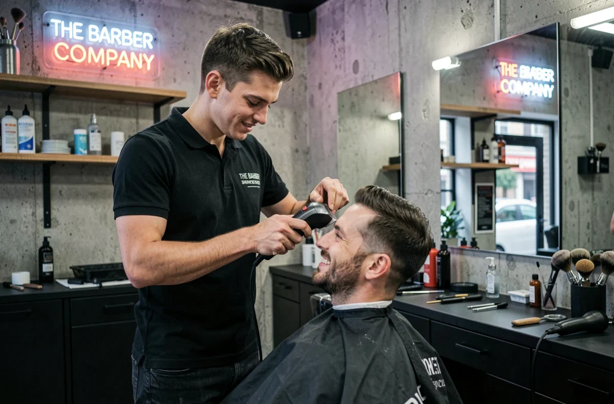 Barbier travaillant une coupe taper moderne chez The Barber Company à Poitiers
