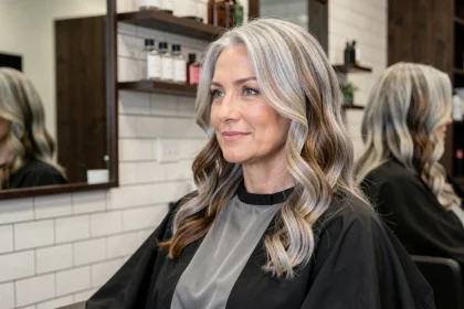 Femme de 48 ans avec une transformation blended grey naturelle dans un salon de coiffure moderne, cheveux ondulés mêlant racines brunes et pointes argentées