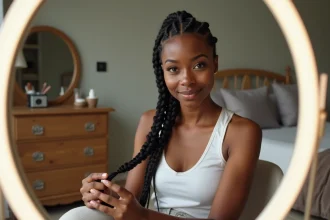 Jeune femme afro réalisant une tresse collée sur cheveux courts devant son miroir
