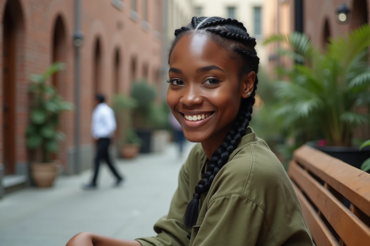 Femme avec une tresse collée sur cheveux courts dans une cour urbaine extérieure
