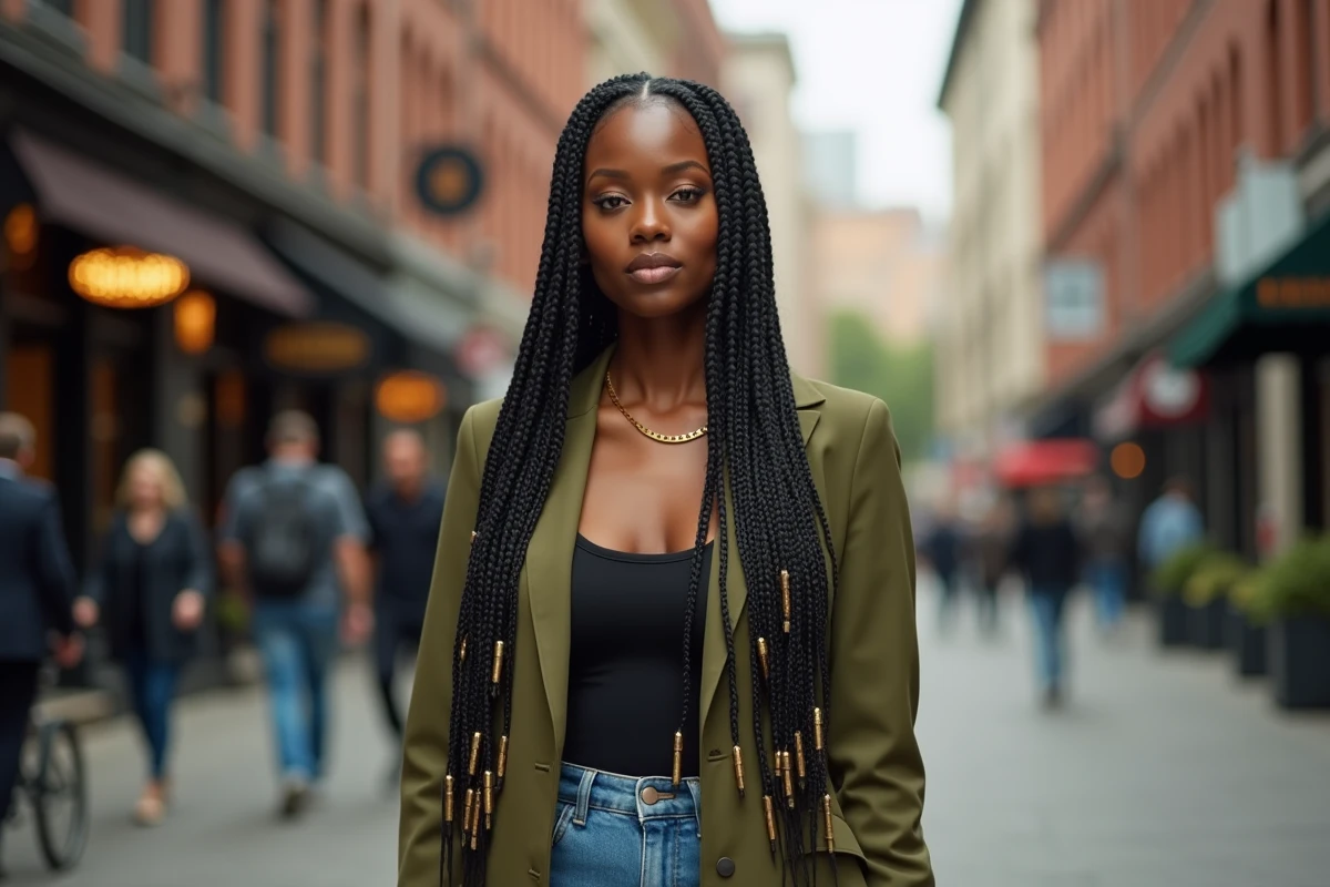 Femme élégante avec des tresses knotless braids ornées de bagues dorées dans un décor urbain