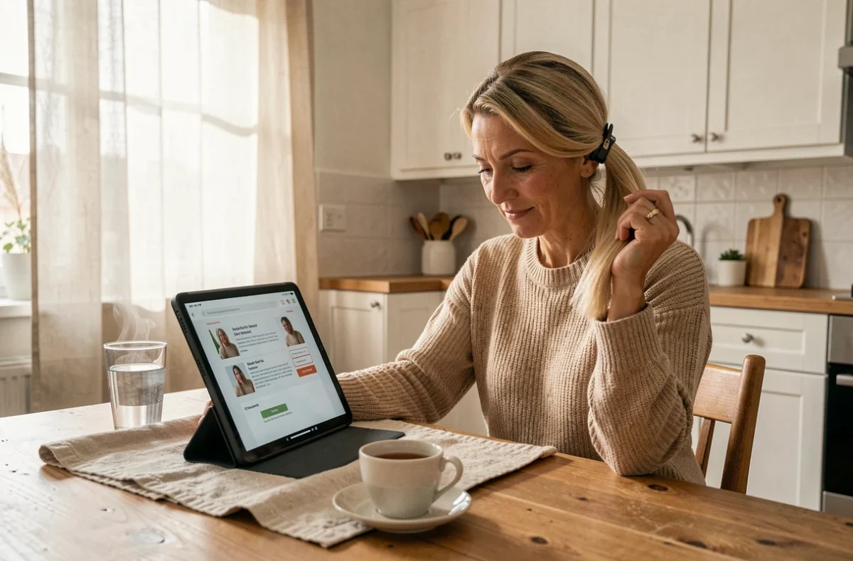 Femme suivant un tutoriel vidéo sur tablette pour réaliser une coupe Cuenta à la maison dans une cuisine moderne