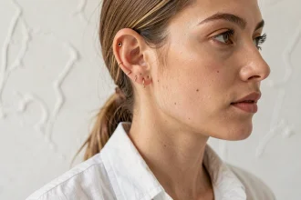 Femme avec plusieurs piercings d'oreille nommés : hélix, tragus, conque et lobe, bijoux en or délicats sur fond blanc minimaliste