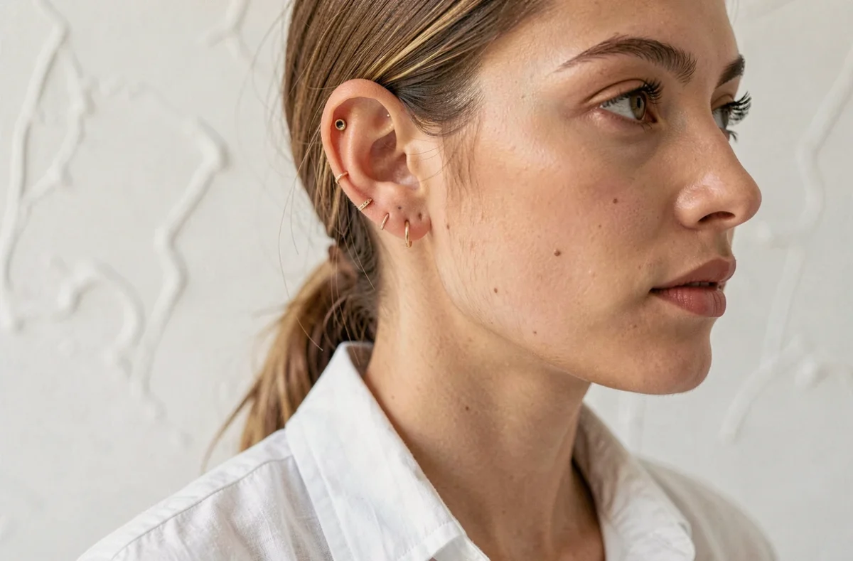 Femme avec plusieurs piercings d'oreille nommés : hélix, tragus, conque et lobe, bijoux en or délicats sur fond blanc minimaliste