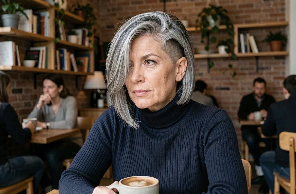 Femme de 40 ans aux cheveux gris épais et denses coiffée d'une coupe courte undercut structurée dans un café, exemple de modèle coupe courte pour cheveux épais