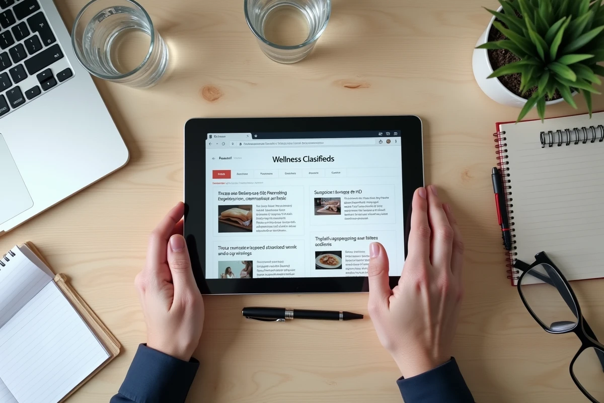 Vue aérienne d'une tablette affichant des annonces de massage douteuses sur une table de travail avec bloc-notes