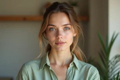 Gros plan sur des yeux bleu-vert d'une jeune femme mis en valeur par un haut en lin sauge
