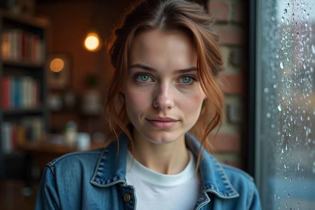 Femme aux yeux gris-bleu photographiée près d'une fenêtre de café avec reflets naturels dans les iris