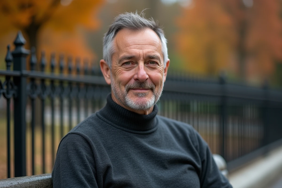 Portrait trois quarts d'un homme aux yeux gris-jaune portant un col roulé anthracite en extérieur