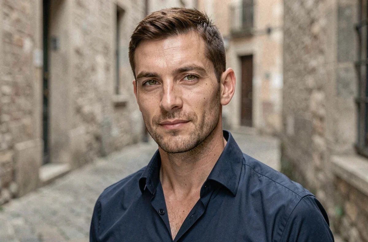 Homme aux yeux hazel et cheveux auburn courts en chemise marine dans une ruelle pavée européenne