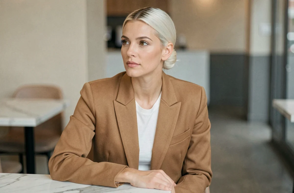 Femme aux yeux hazel et cheveux blond platine en chignon portant un blazer camel dans un café moderne